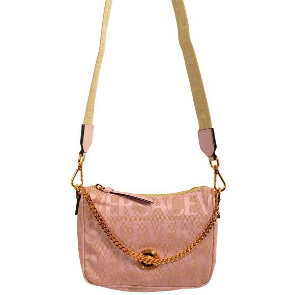 Versace Women's Pink Logo Print Gold Medusa Small Hobo Handbag Shoulder Bag - Picture 1 of 10